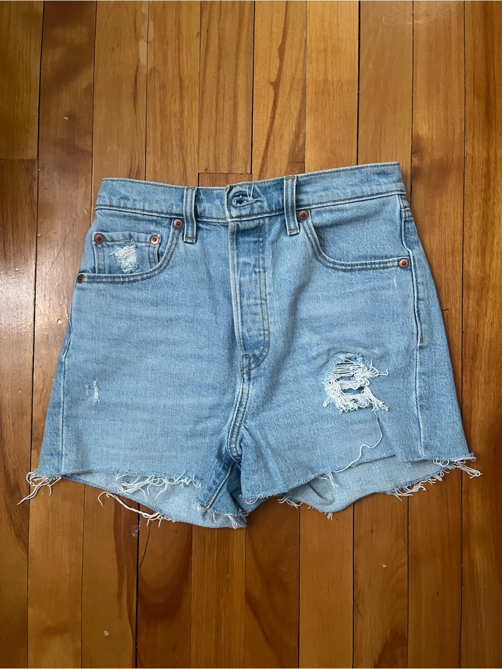 Levi's Light Blue High-Rise Distressed Jean Shorts